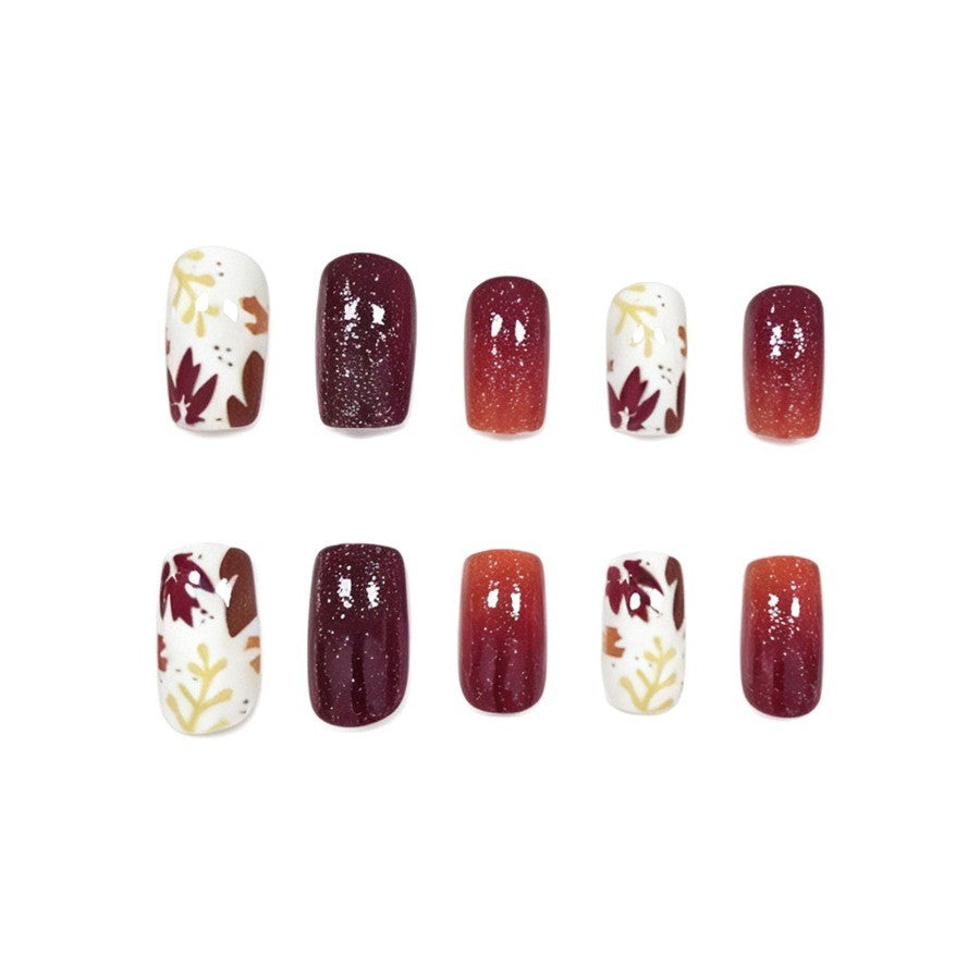 Autumn Maple Leaf Glitter Short Square Press-On Nails 48Pcs - Fall Nail Art