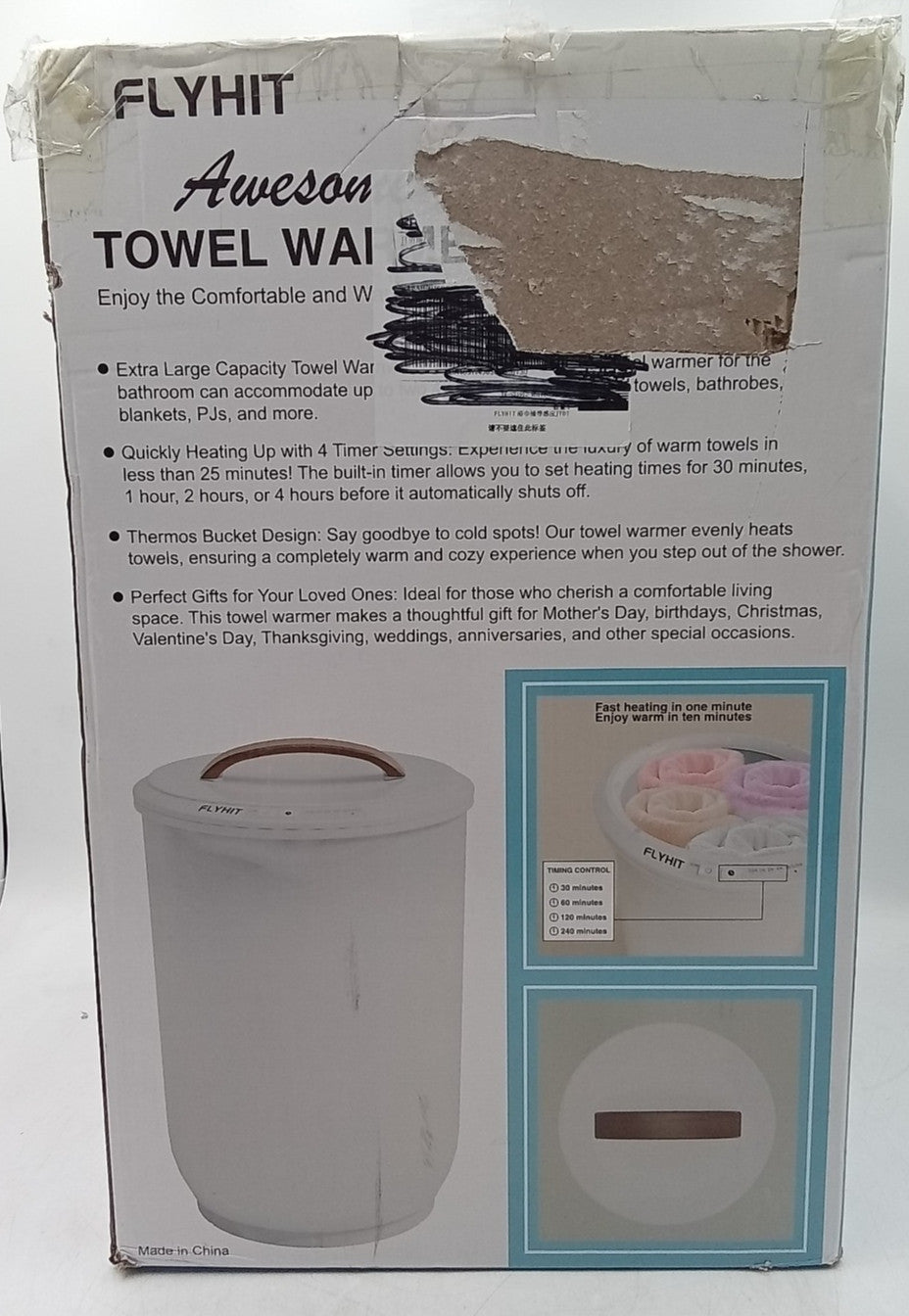 Large White Towel Warmer Bucket with Wooden Handle for Bathroom