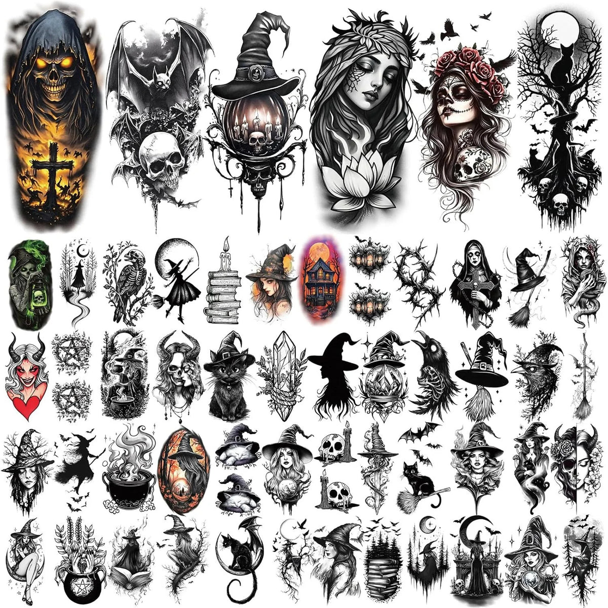 Witch Temporary Tattoos 77 Sheet Set - Skeleton Skull Bats Cauldrons Black Cats For Adults