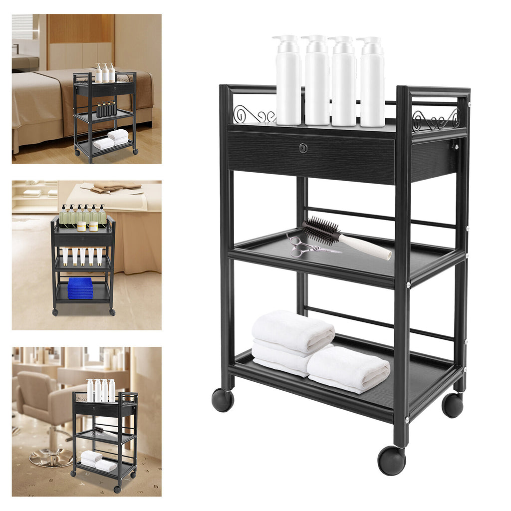 3-Tier Salon Cart with Drawer Rolling Storage Trolley SPA Beauty Equipment