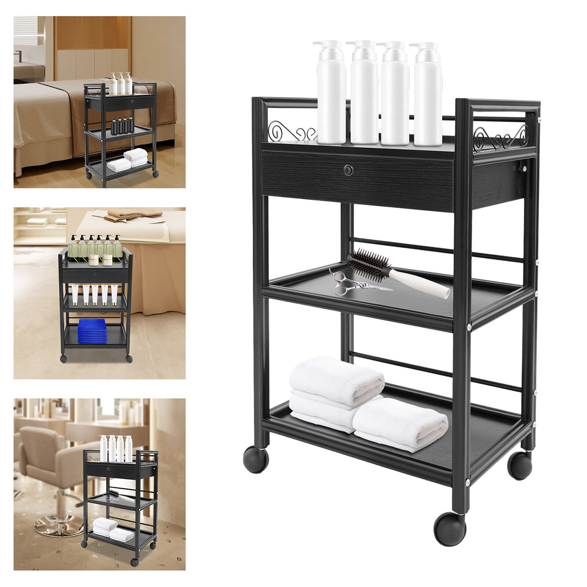 3-Tier Salon Cart with Drawer Rolling Storage Trolley SPA Beauty Equipment