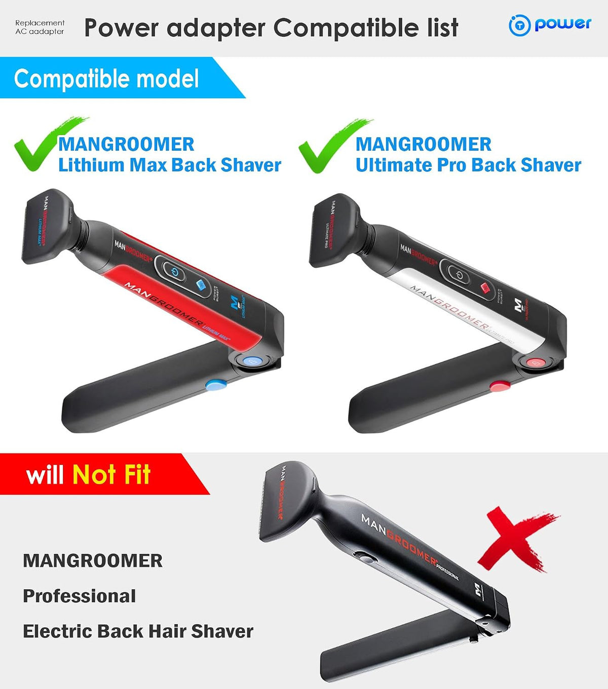 Back Shaver Charger Compatibility for Mangroomer Lithium Max & Pro Models
