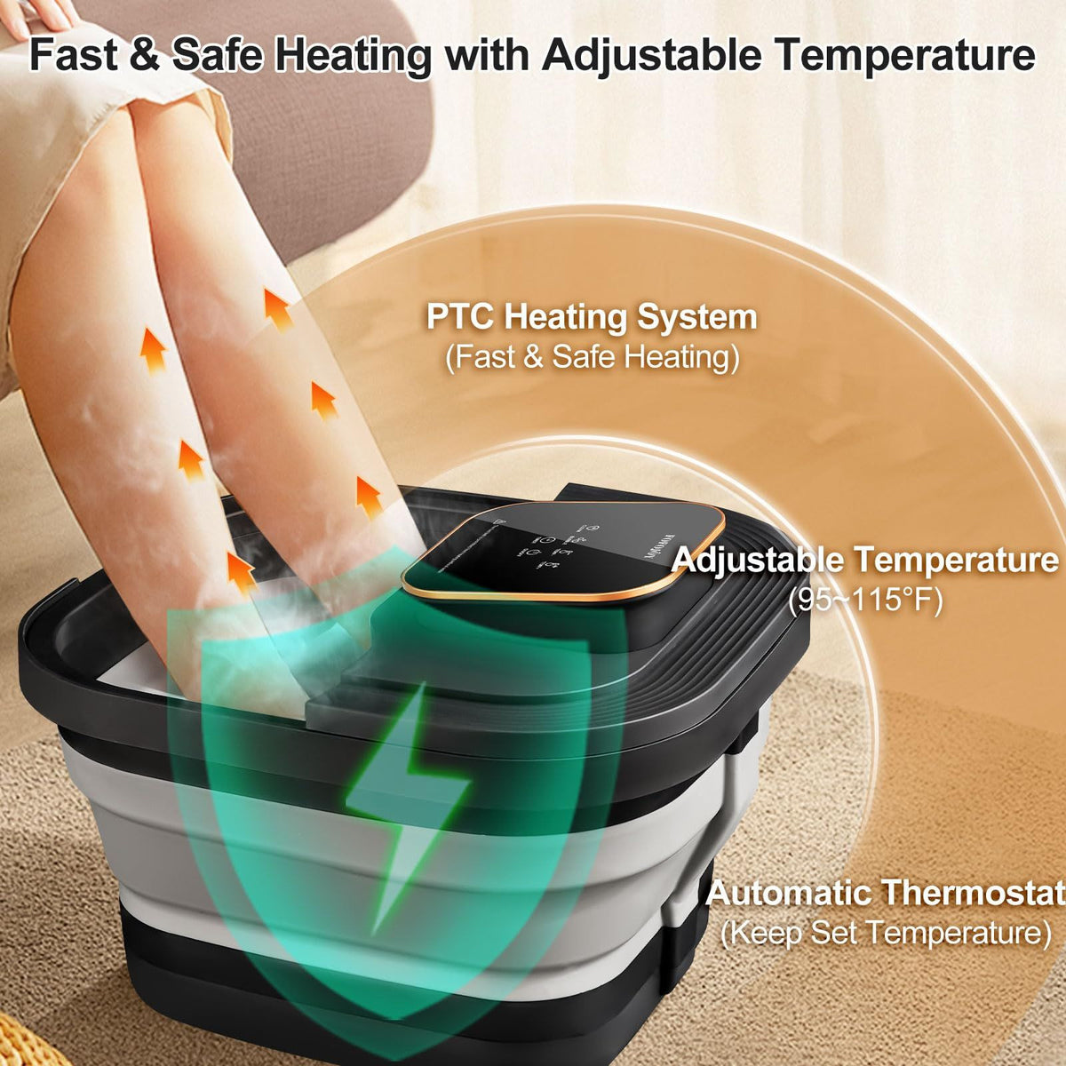 Collapsible Foot Spa Bath with Heat, Massage Rollers & Bubbles – Black