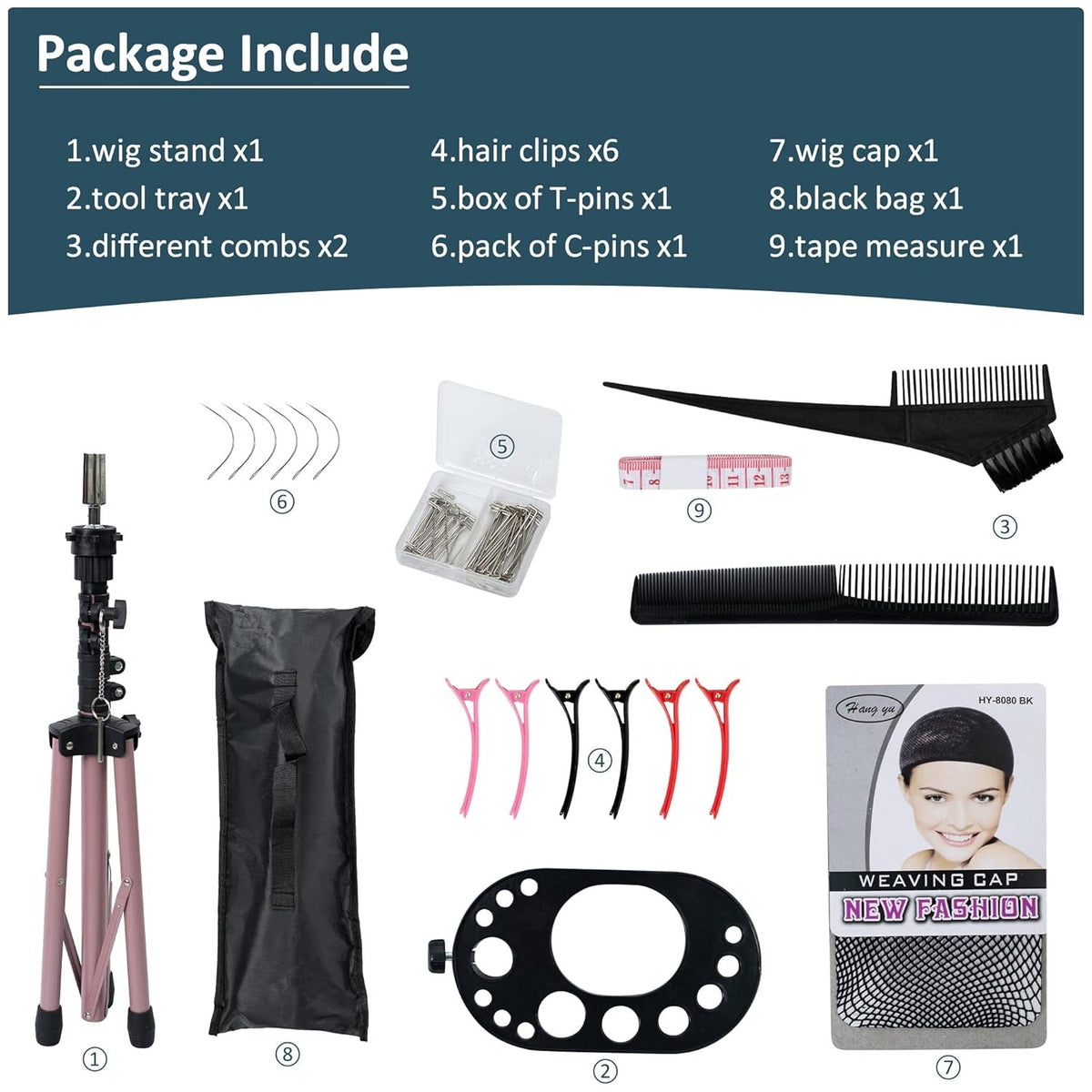 Adjustable Metal Wig Stand Tripod Mannequin Head Holder with Tool Tray - Black & Rose Gold