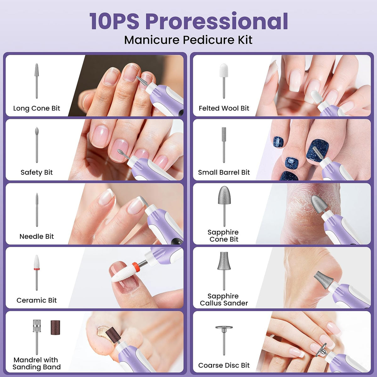 Cordless Electric Nail Drill Kit for Manicure Pedicure Thick Toenails 10-Speed