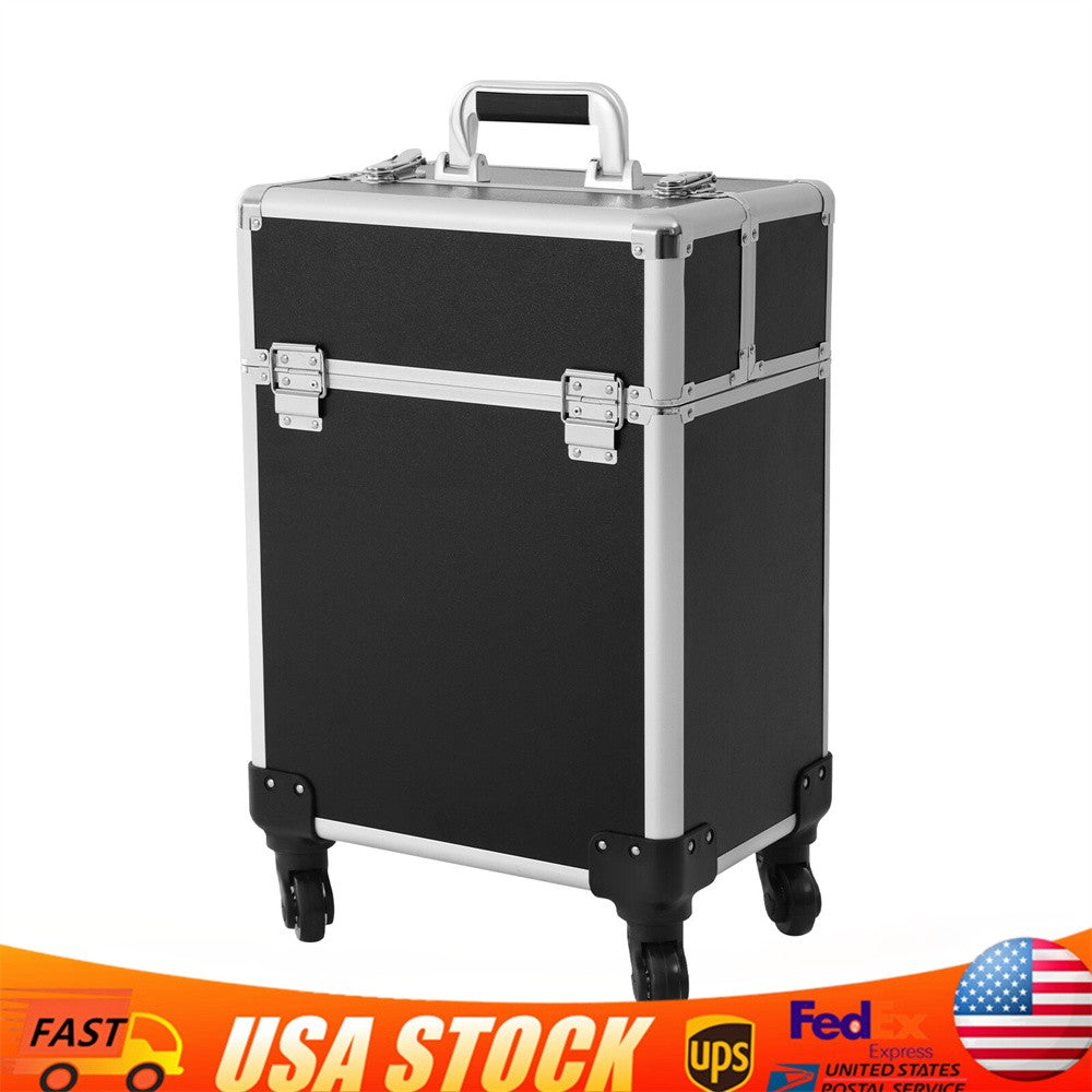 Travel Makeup Case with Wheels & Expandable Compartments - Black