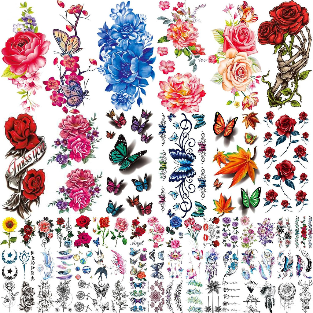 82 Sheets Floral Temporary Tattoos - Roses, Butterflies, Multicolor