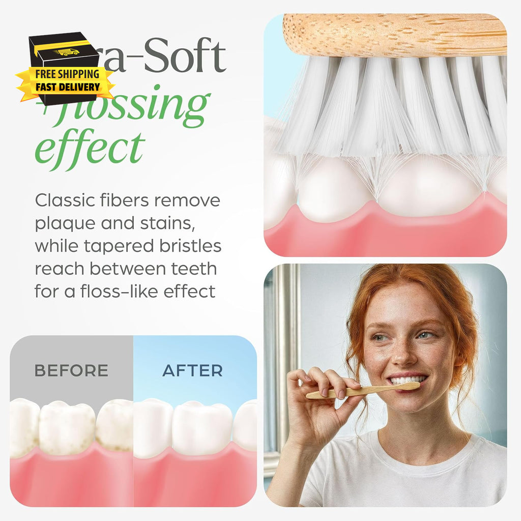 Extra Soft Adult Toothbrushes 10-Pack with Bamboo Handles & Flossing Effect