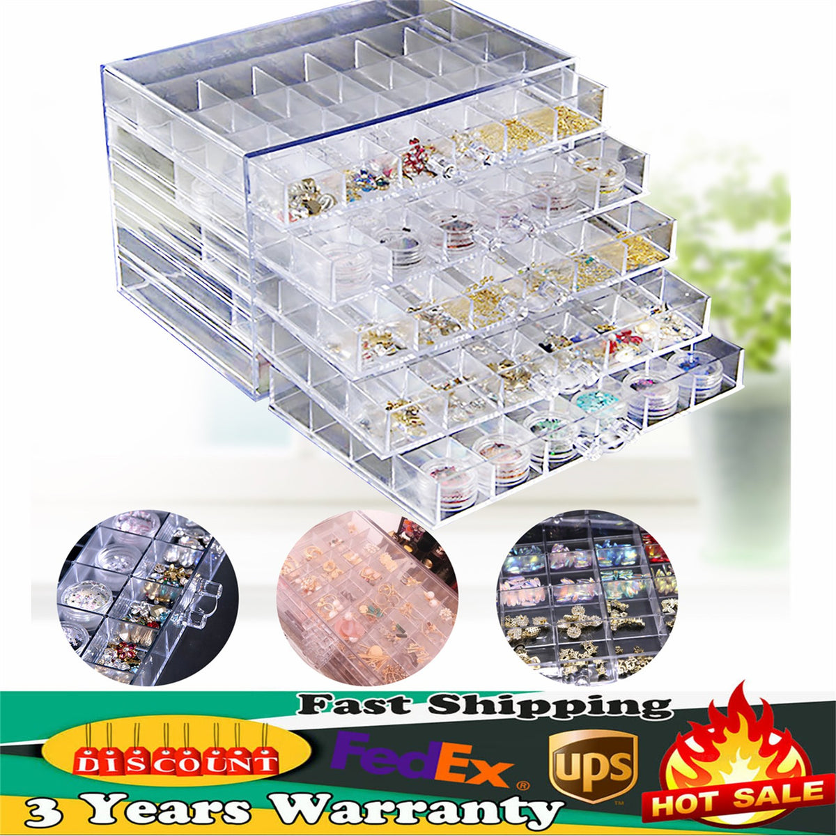 Acrylic Nail Art Storage Tray with 120 Grids & Removable Drawers