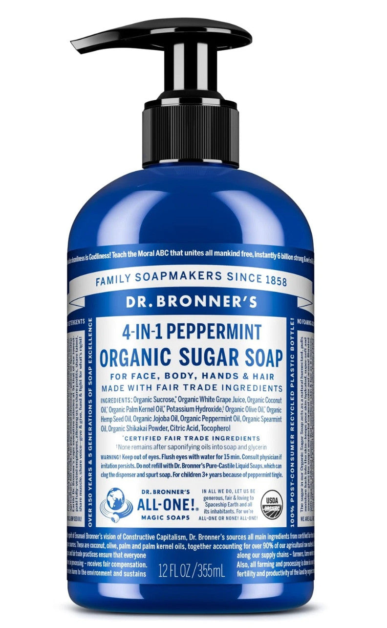 Organic Sugar Soap with Peppermint - 4-in-1 Hand, Face, Body & Hair Wash