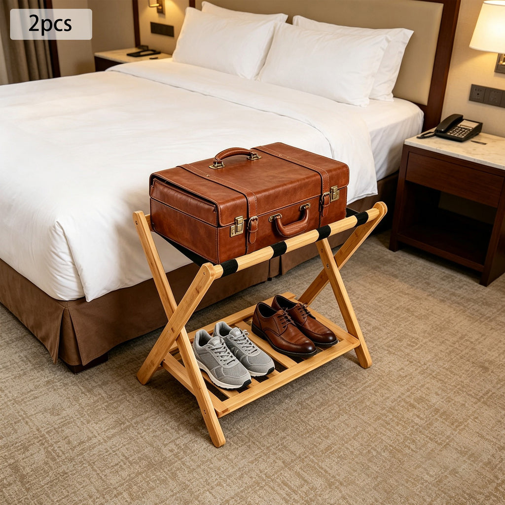 Foldable Wooden Luggage Rack with Dual-Tier Design for Hotel & Home