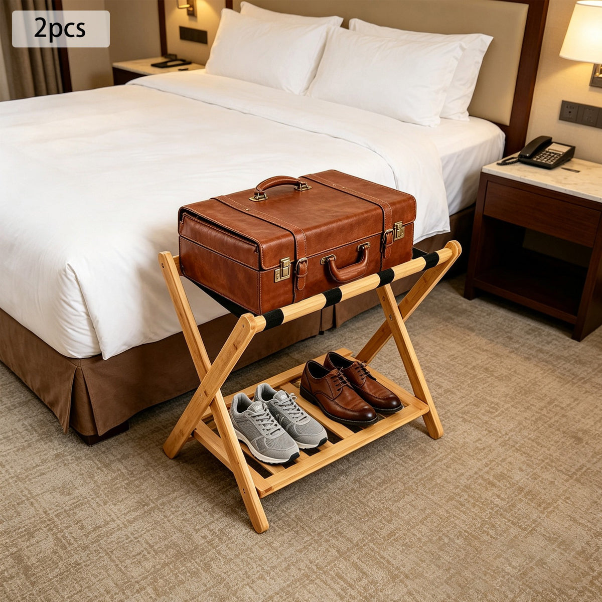 Foldable Wooden Luggage Rack with Dual-Tier Design for Hotel & Home