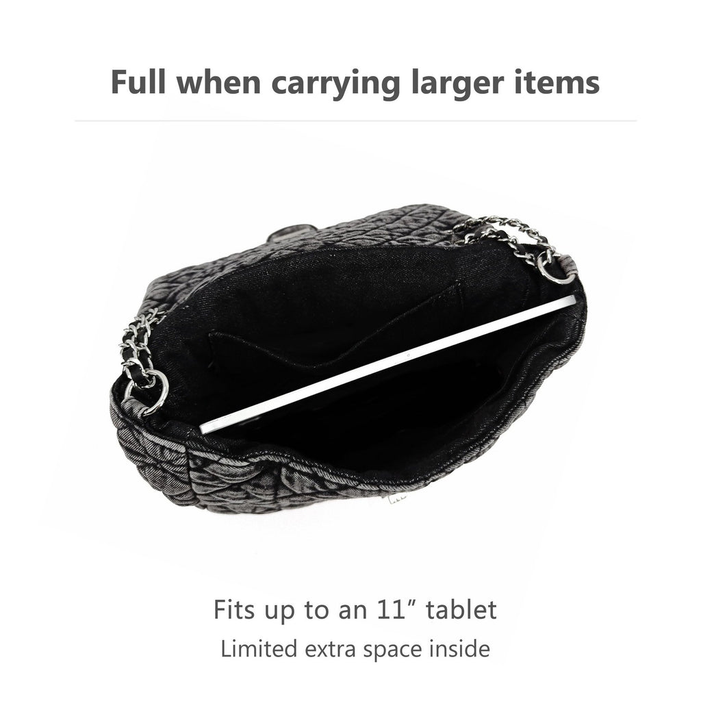 Quilted Denim Shoulder Bag for Women - Crossbody Hobo Purse with Silver Chain
