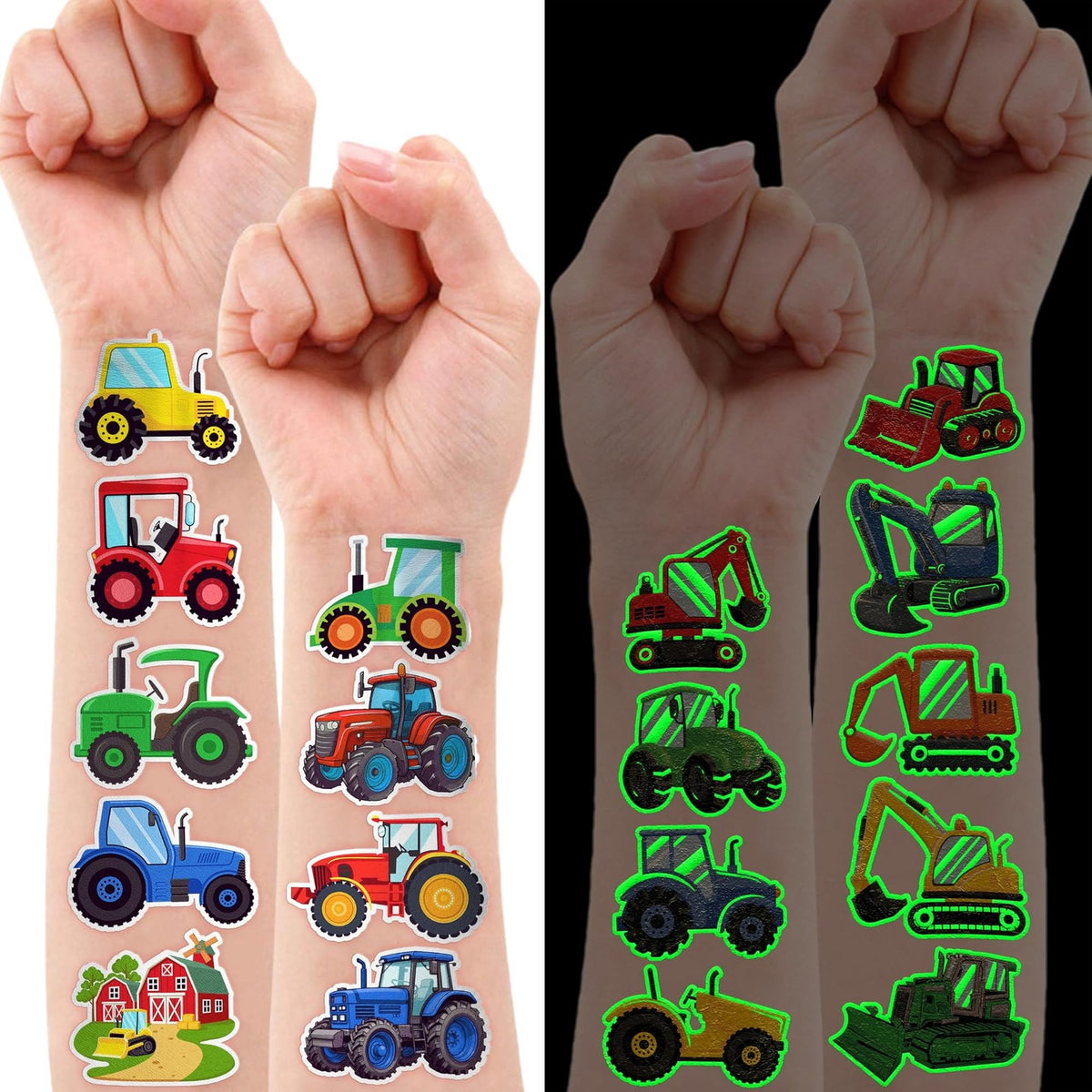 Glow-in-the-Dark Tractor Temporary Tattoos - 96 Pcs Pre-Cut Kids Tattoos