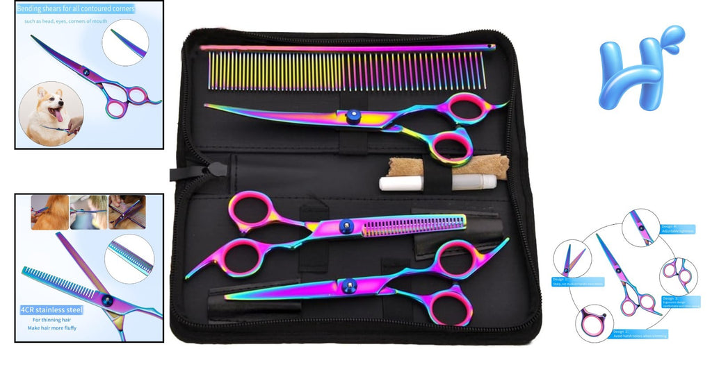 Pet Grooming Scissors Kit with Curved, Straight & Thinning Shears Stainless Steel Comb