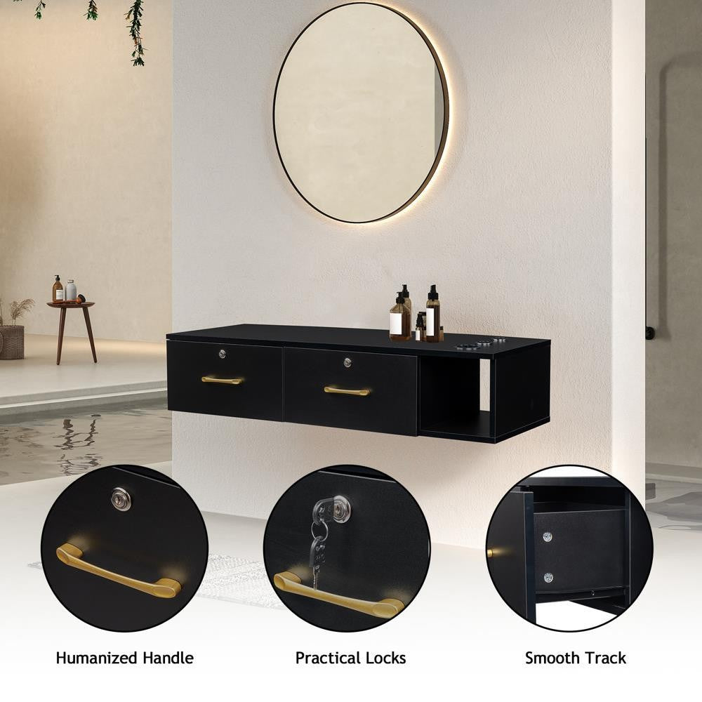 Wall Mount Salon Station with 3 Hair Dryer Holders and Lockable Drawers