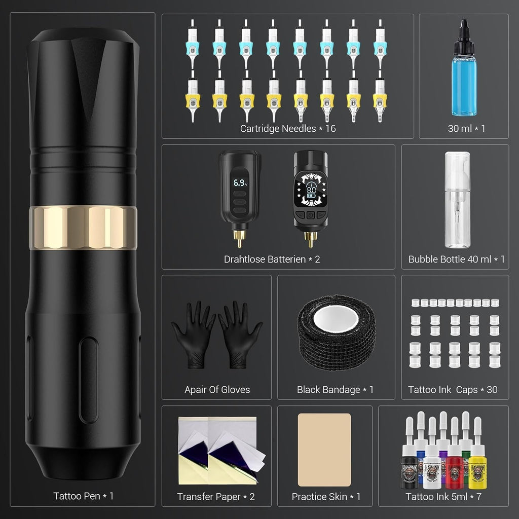 Wireless Tattoo Machine Pen Kit with 2 Batteries, 16 Cartridges & 7 Ink Colors