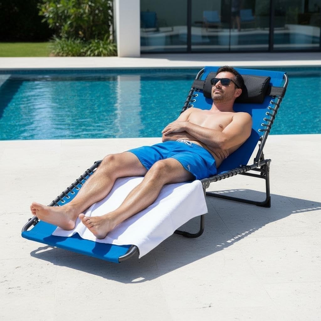 Outdoor Chaise Lounge Chairs with Adjustable Backrest & Side Pocket - Foldable, Heavy Duty Steel Frame
