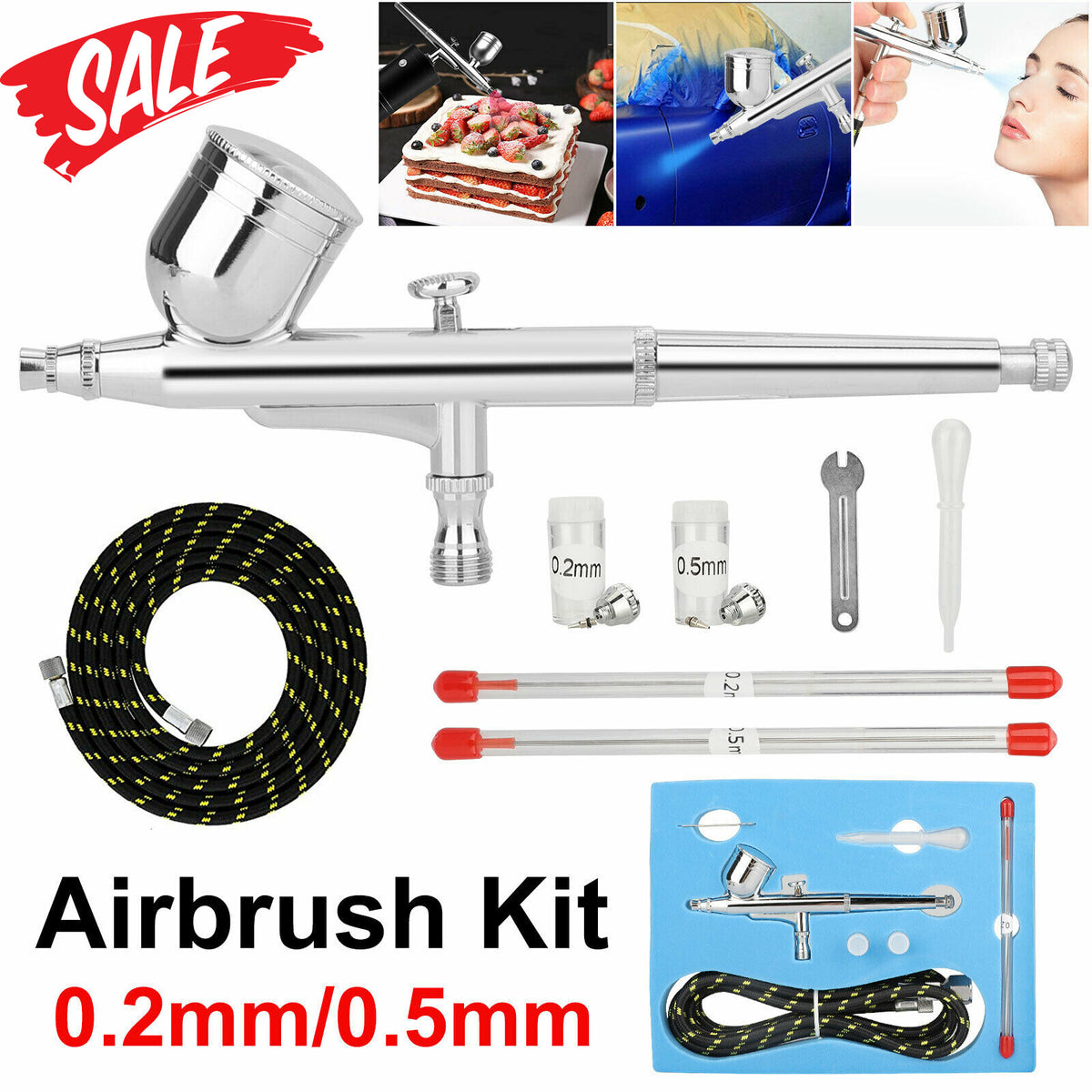 Dual Action Gravity Feed Airbrush Kit with 0.2mm & 0.5mm Nozzles for Art & Crafts