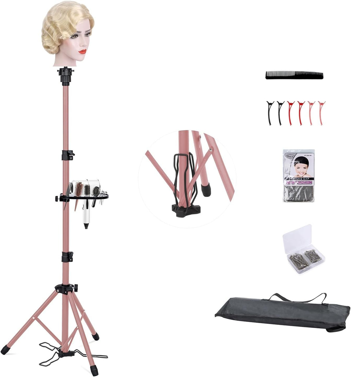 Adjustable Folding Wig Stand Tripod with Foot Panel and Travel Bag