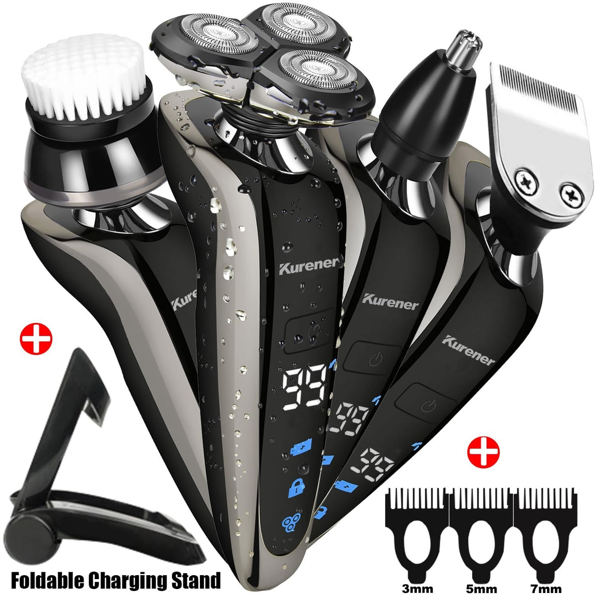 Rechargeable Waterproof 4-in-1 Electric Shaver with Nose Trimmer & Grooming Kit