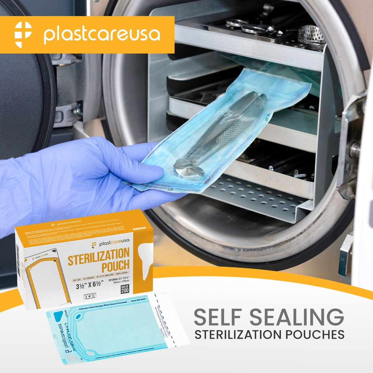 Self-Sealing Sterilization Pouch 3.5 x 6.5 Paper/Blue Film (400) Box – Dental Autoclave