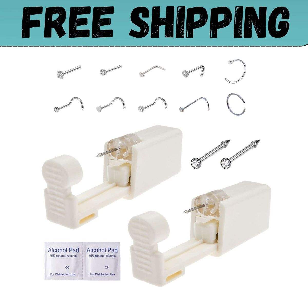 Disposable Self Nose Piercing Kit (2 Pack) with 10 Nose Rings - One Time Use