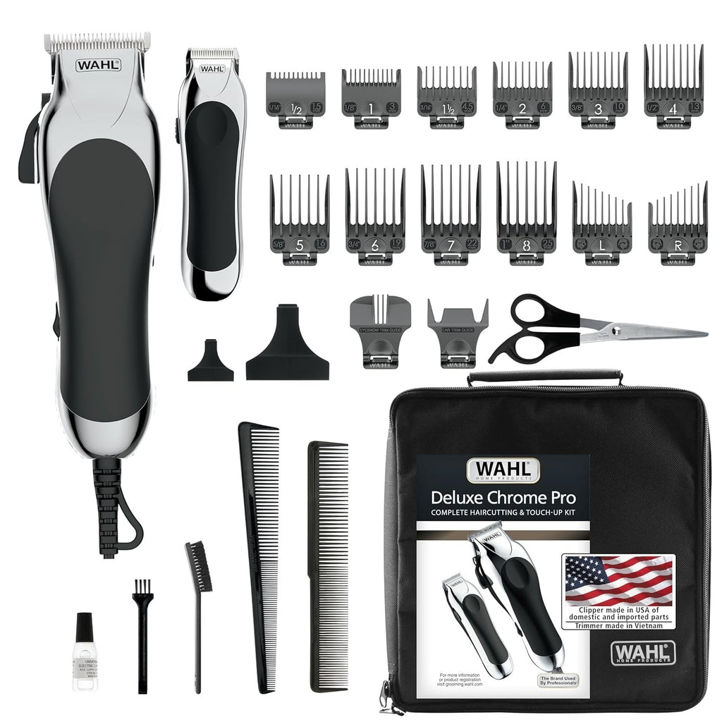 Corded Hair Clipper Kit with Trimmer and Accessories - Heavy Duty Wahl Chrome Pro