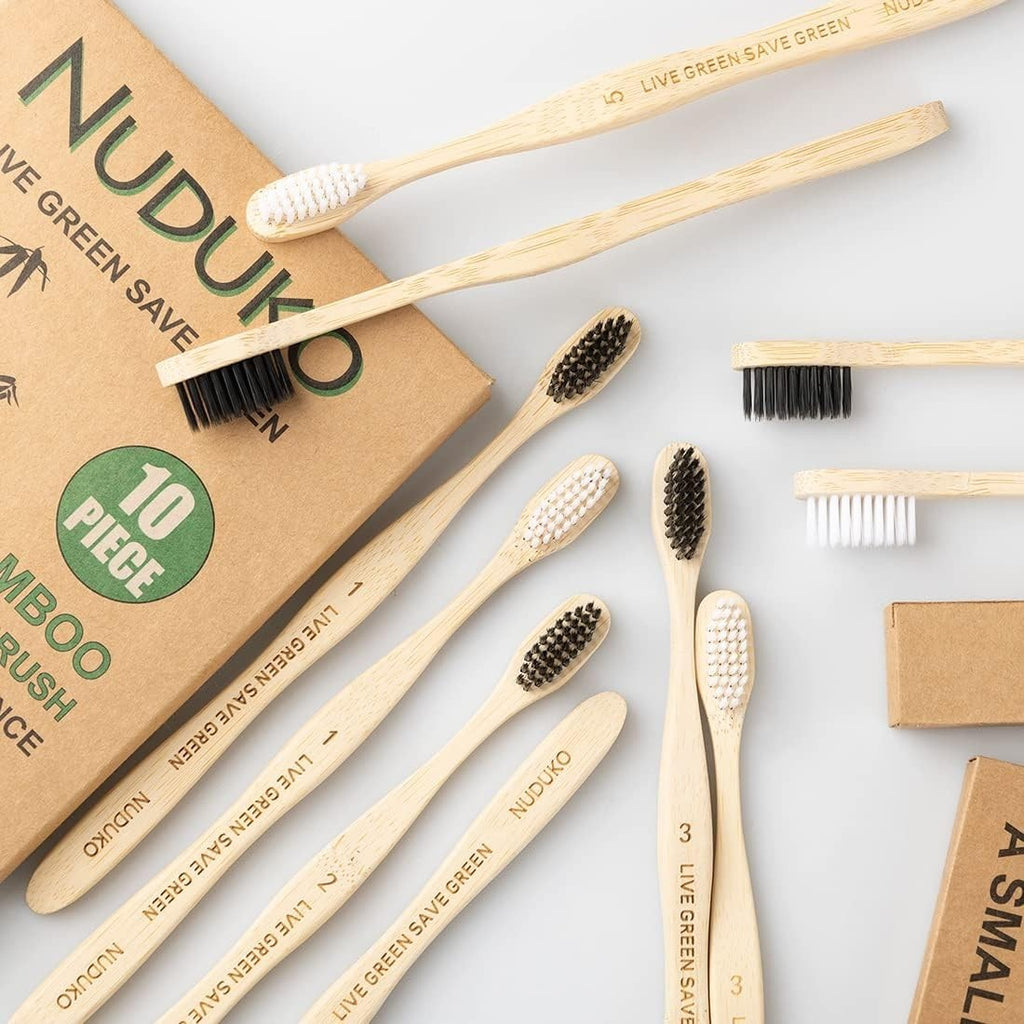 Eco-Friendly Bamboo Toothbrushes Pack of 10 with Charcoal Soft Bristles