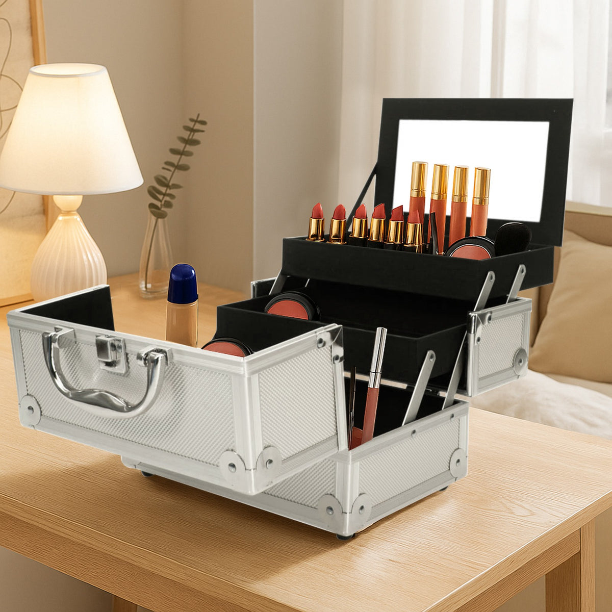 Aluminum Makeup Train Case with Mirror and Handle - Jewelry & Cosmetic Storage