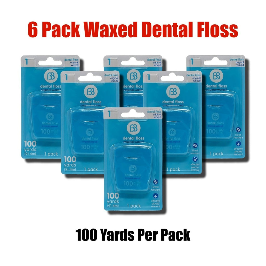 Waxed Dental Floss 6 Pack - 100 Yards Each, Shred Resistant, for Plaque Removal
