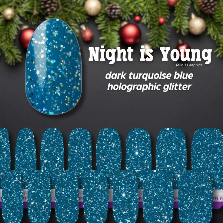 Color Street Nail Polish Strips Night Is Young Turquoise Glitter - Long Lasting Manicure