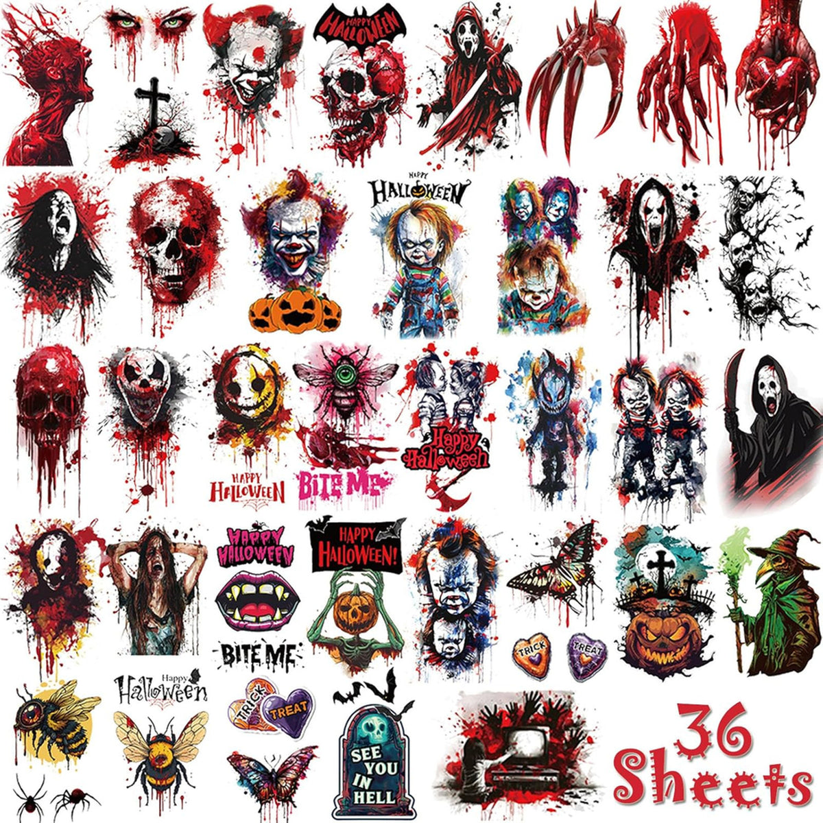 Halloween Temporary Tattoos 36 Sheets Large Realistic Designs for Kids & Adults