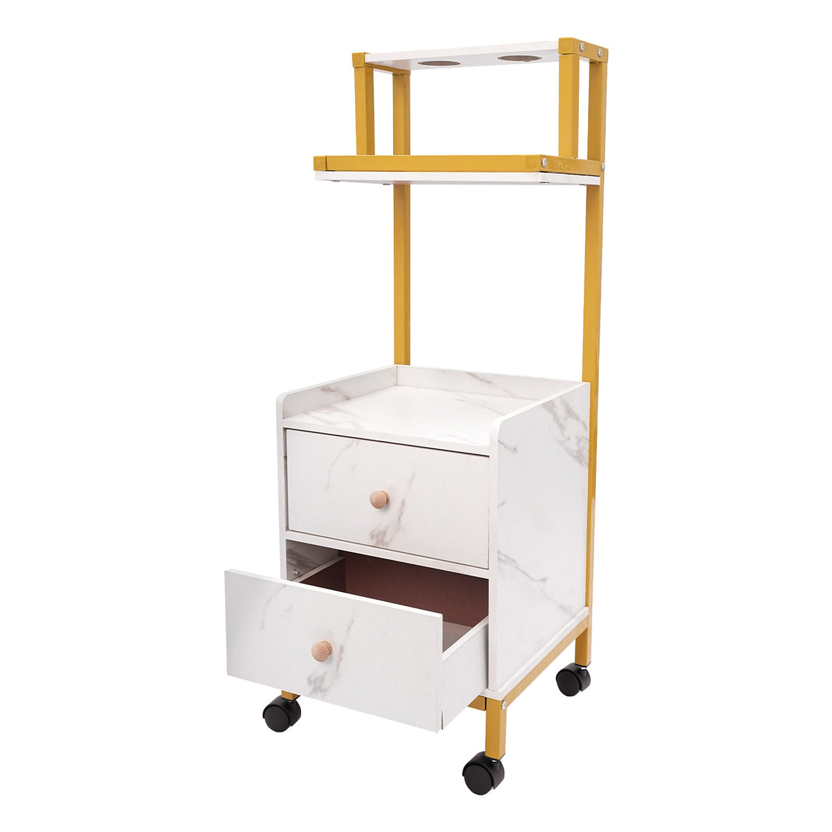 White Gold Barber Cart with 2 Drawers and Storage Rack - Salon Trolley with Wheels