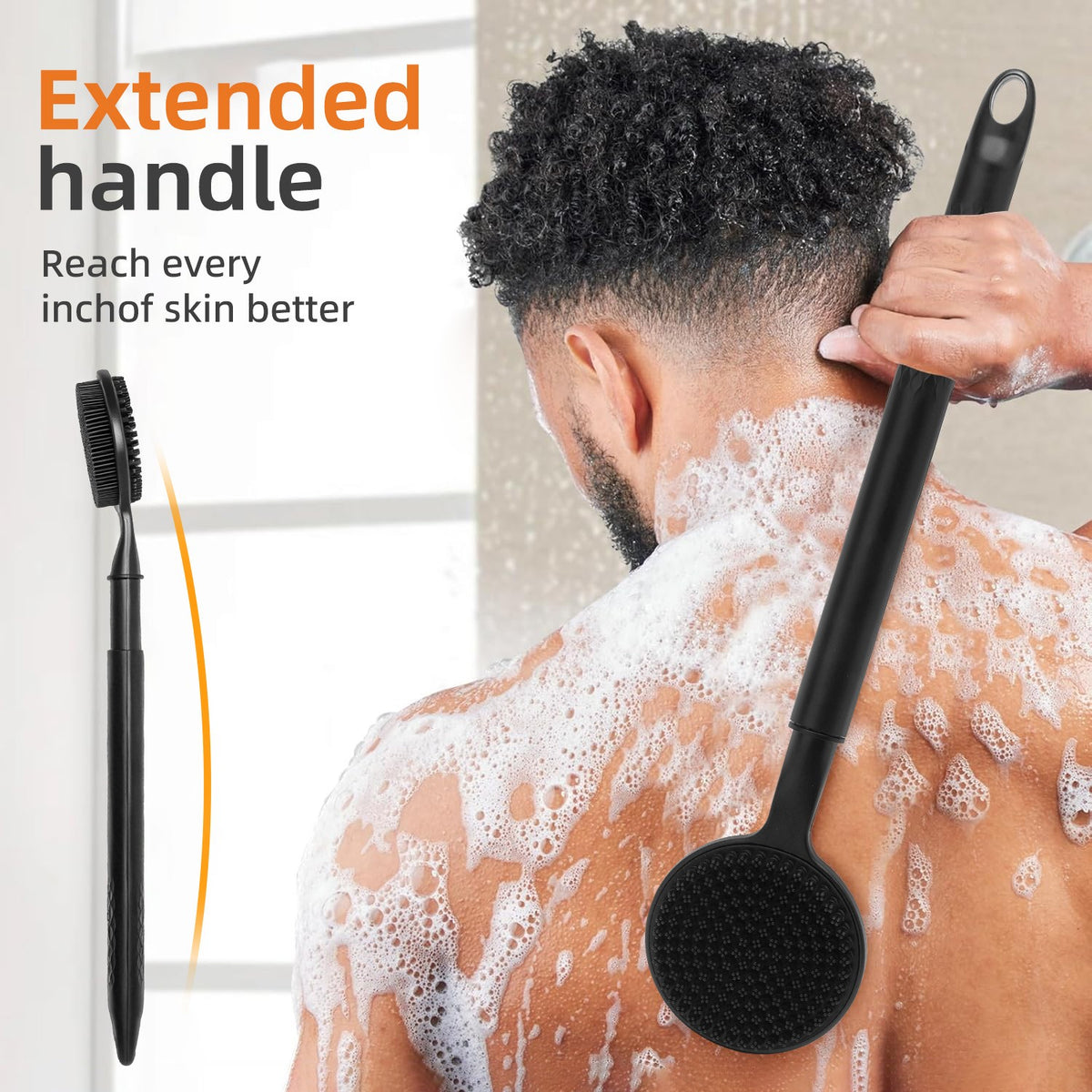 Long Handle Silicone Body Scrubber with Soft Bristles for Shower Exfoliation