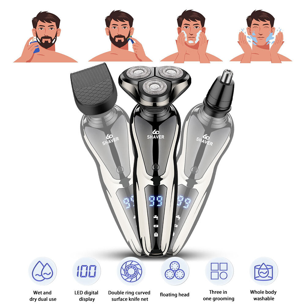 Rechargeable Men's Electric Shaver with LCD Display Waterproof Rotary Razor