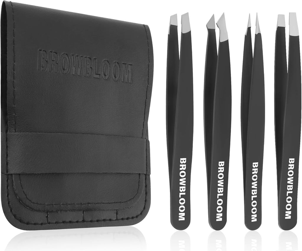 Professional Tweezers Set for Facial Hair & Eyebrows - Stainless Steel, 4 Pieces