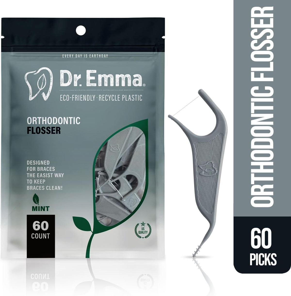 Orthodontic Dental Floss Picks Mint Flavor 60 Count - Gray, Pack of 2