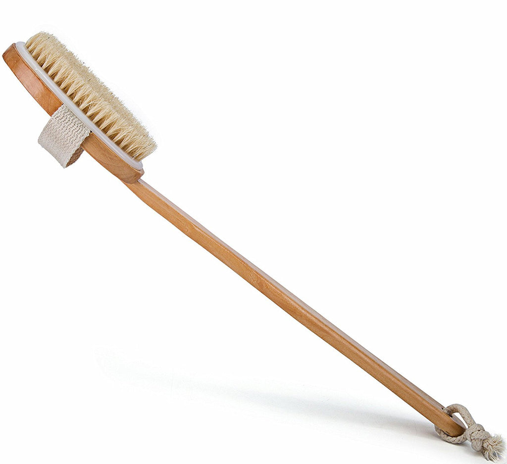 Natural Body Scrub Brush with Long Wooden Handle – Exfoliating Bath & Shower Tool