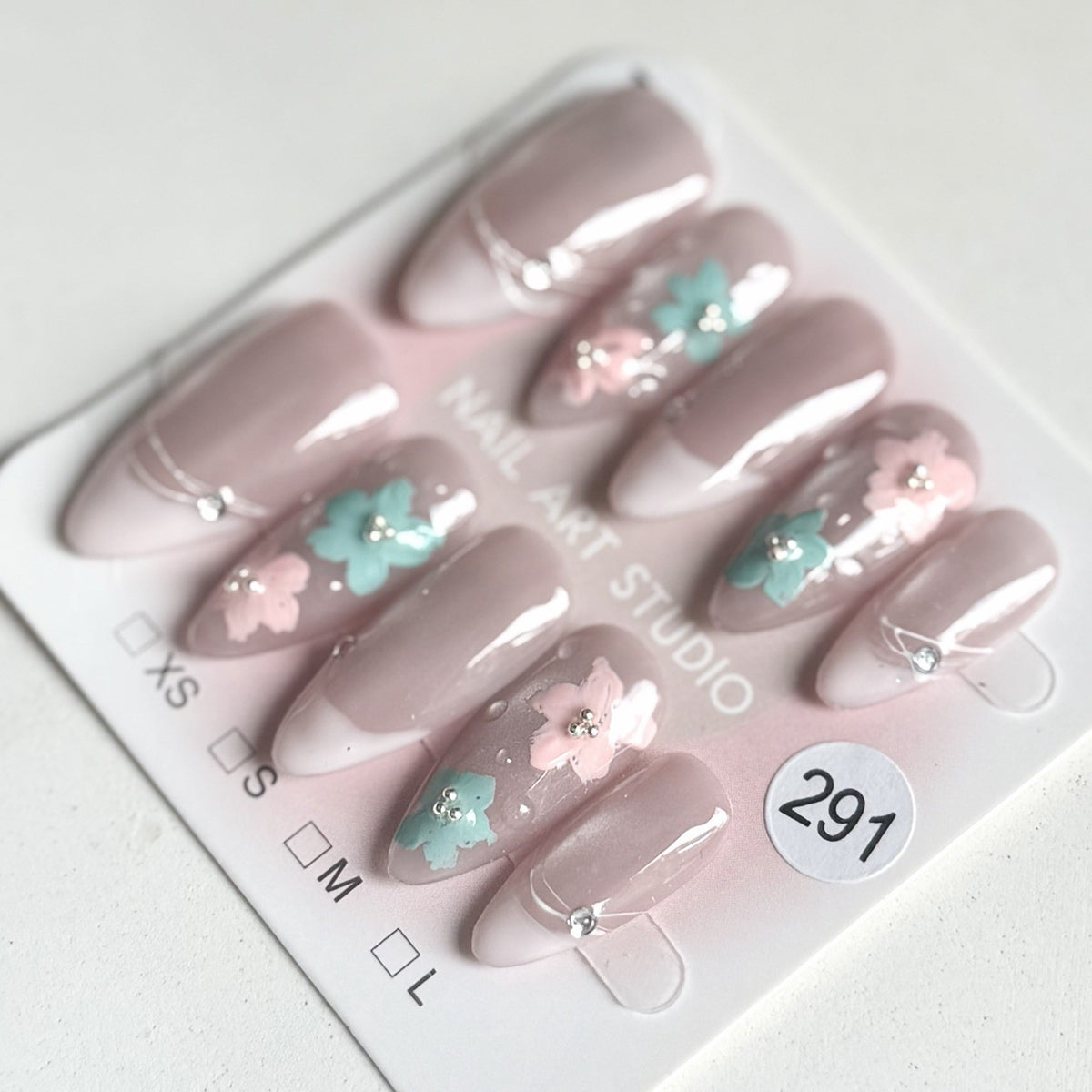 Reusable Handmade French Tip Flower Press-On Nails – Medium Oval Size M