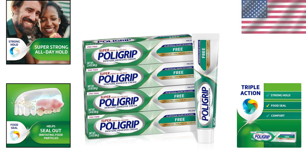 Zinc-Free Denture Adhesive Cream 4-Pack - Strong Hold & Food Seal