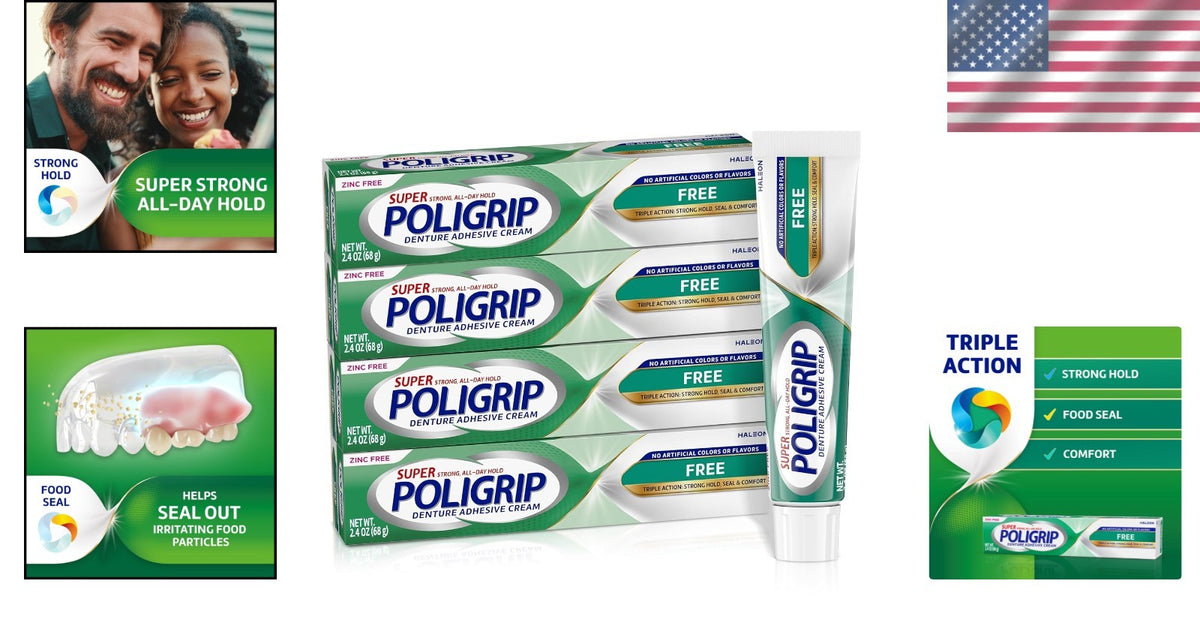 Zinc-Free Denture Adhesive Cream 4-Pack - Strong Hold & Food Seal