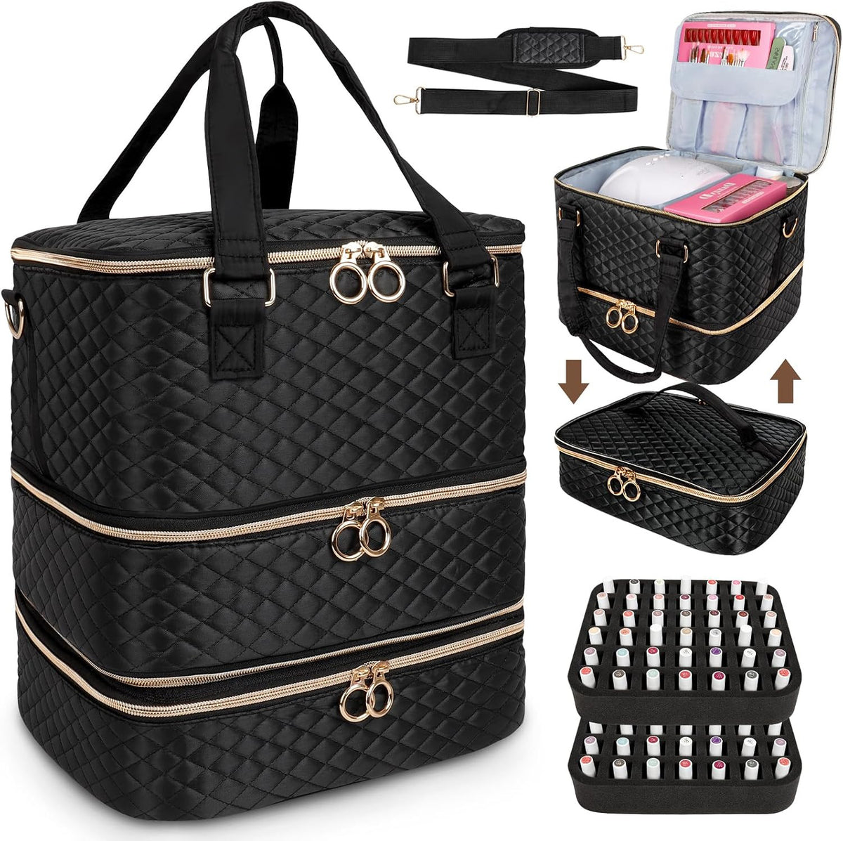 Nail Polish Organizer Bag 3-Layer Travel Nail Kit Storage Case Holds 84 Bottles