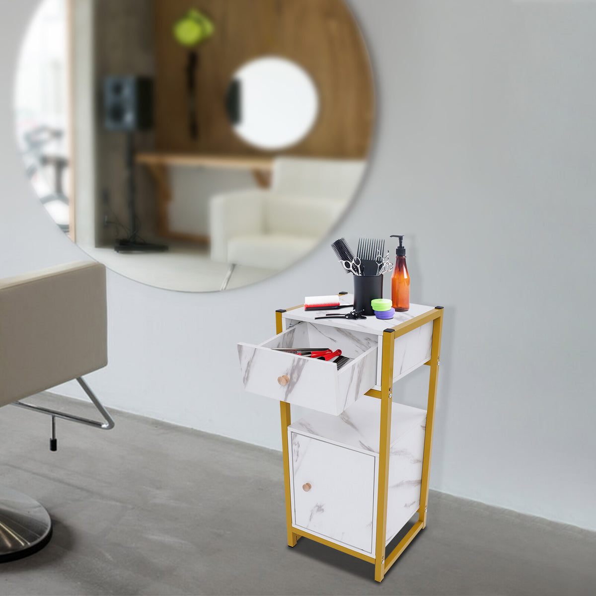 Hair Tool Rack with Drawer and Storage Cabinet for Barber Shop