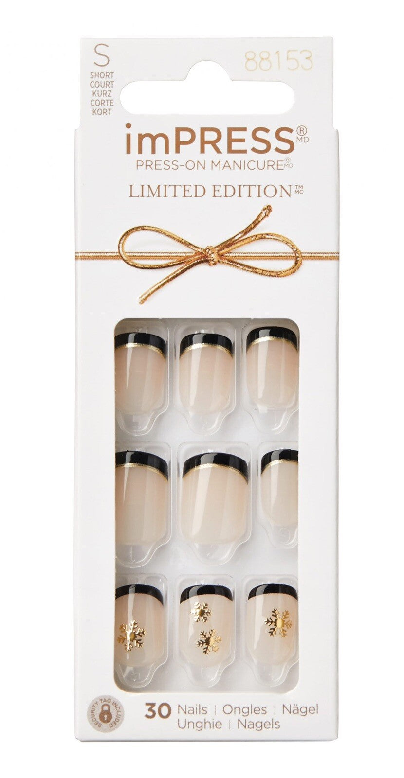 Short Length Black French Press-On Nails with Gold Snowflakes - Fake Nails