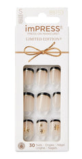 Short Length Black French Press-On Nails with Gold Snowflakes - Fake Nails