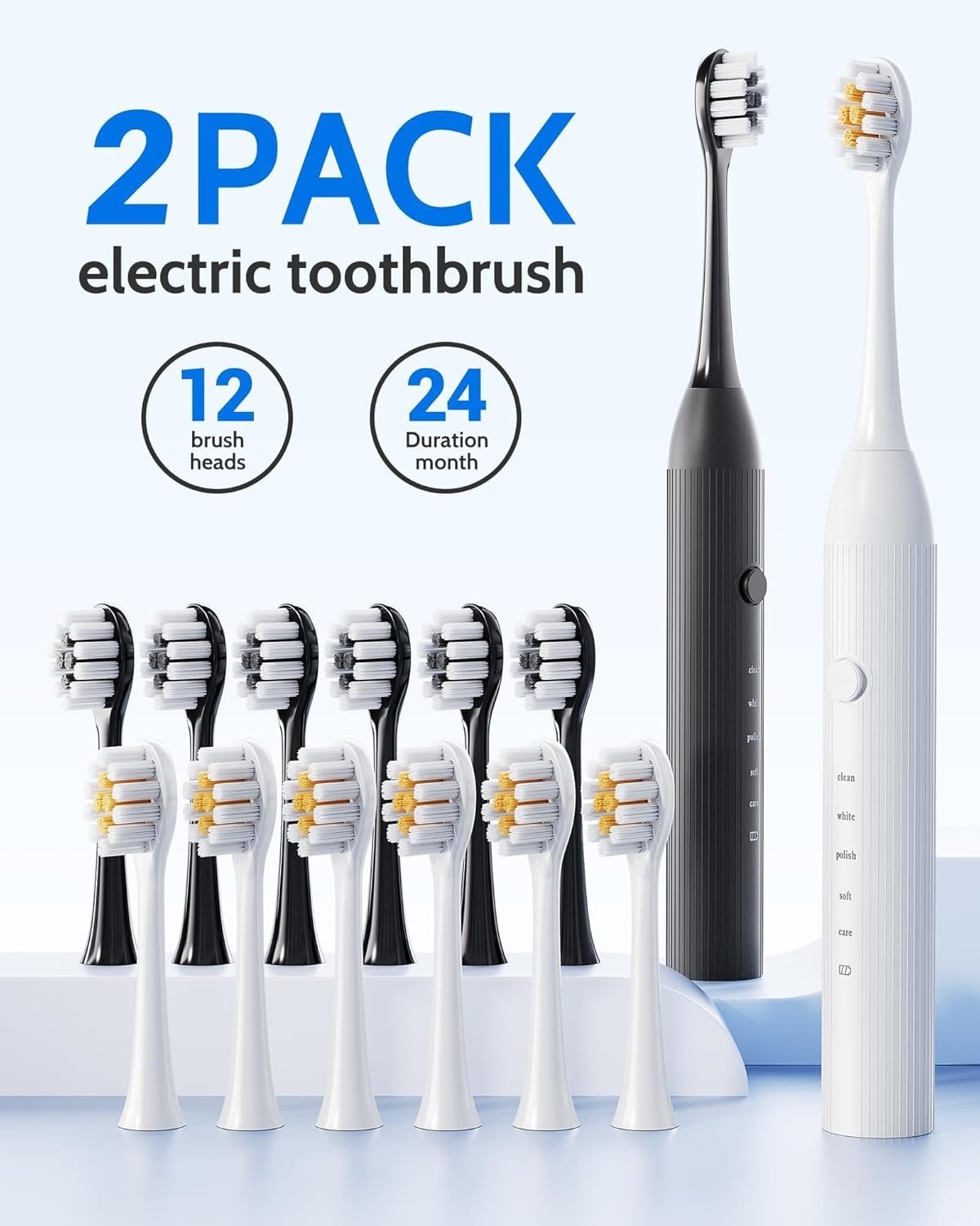 Electric Sonic Toothbrush 2 Pack with 12 Replacement Heads & 6 Modes
