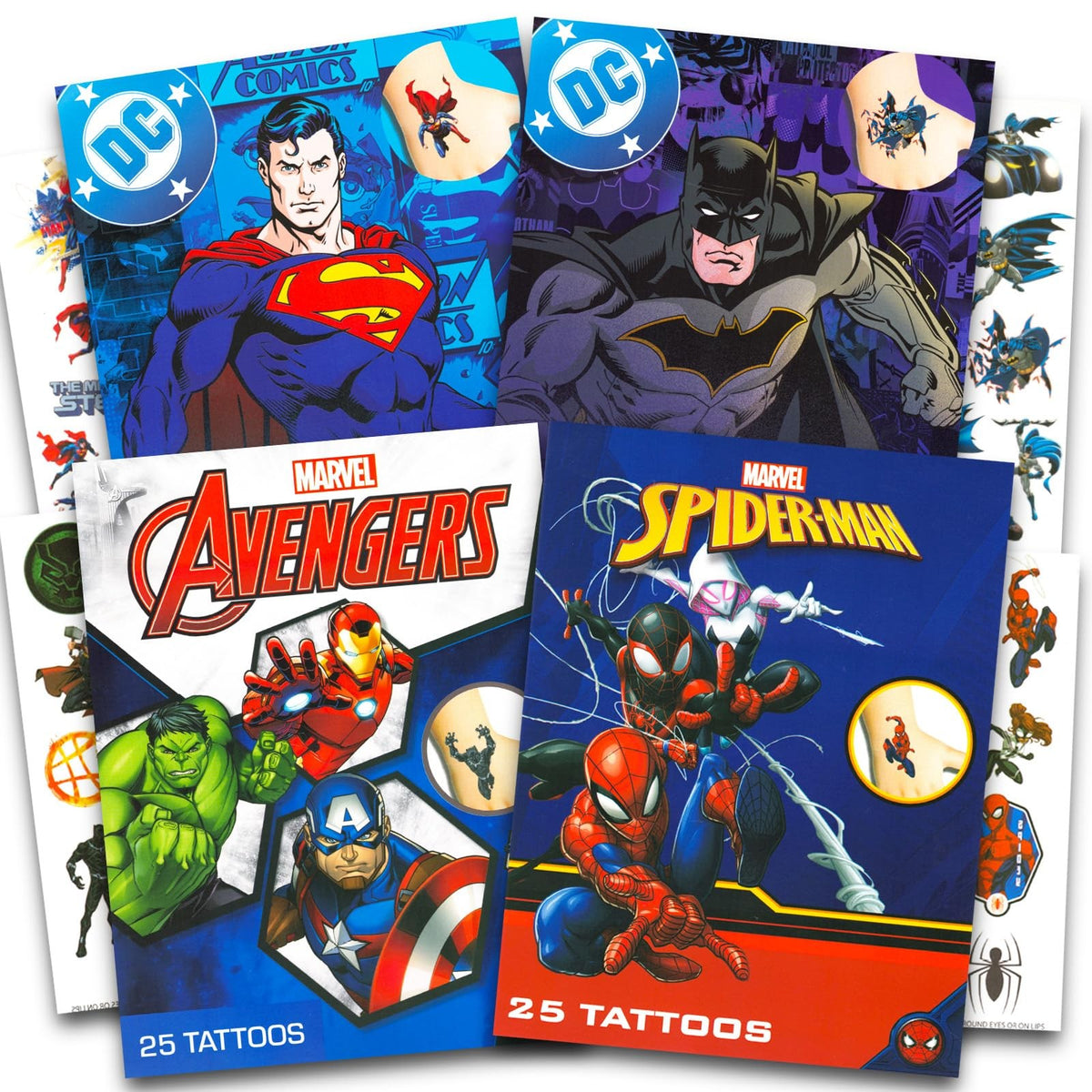 Temporary Superhero Tattoos for Kids Bundle – 100 Pcs & DC Mix