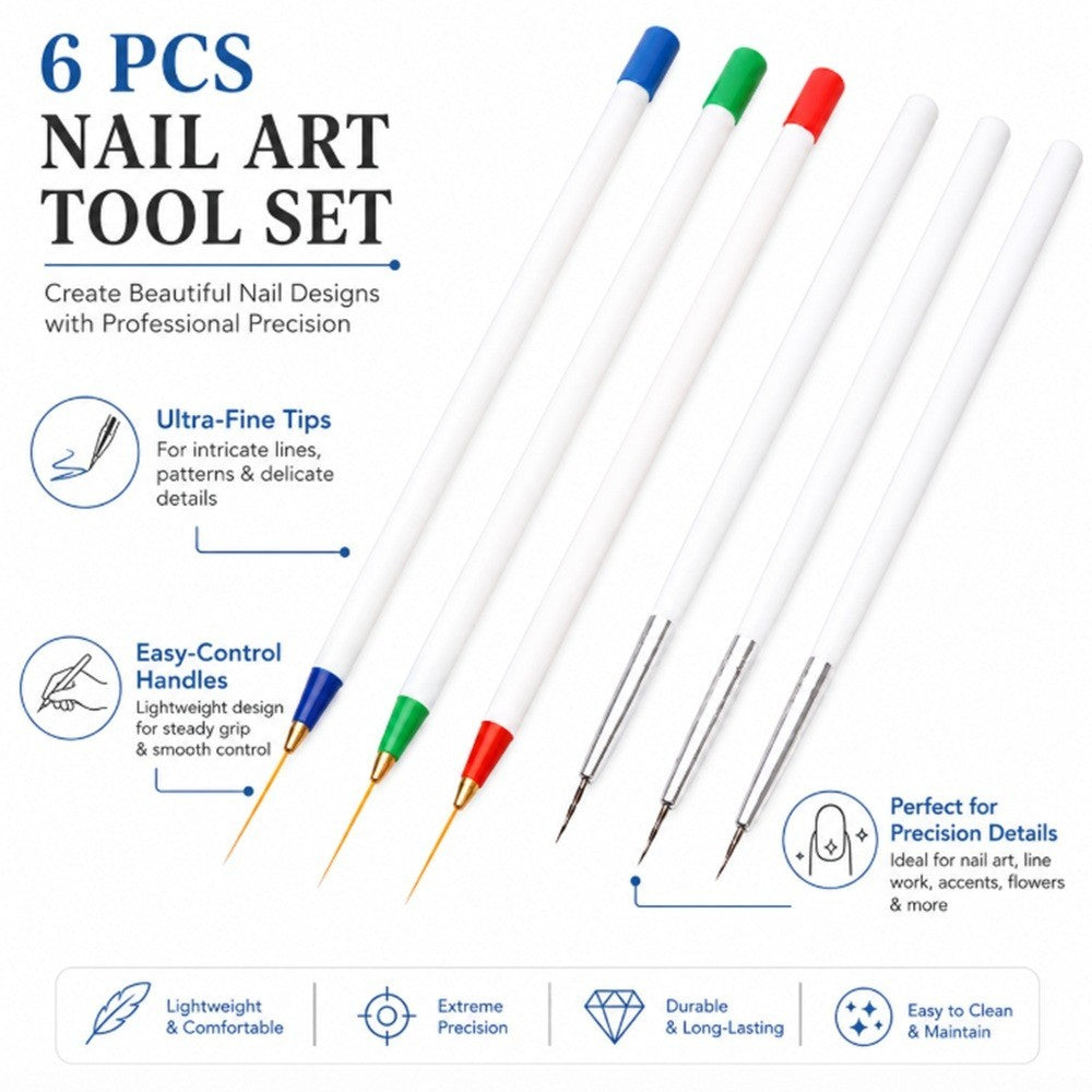 6-Pack Nail Art Liner Brush Set for Precise Manicure & Creative Nail Designs