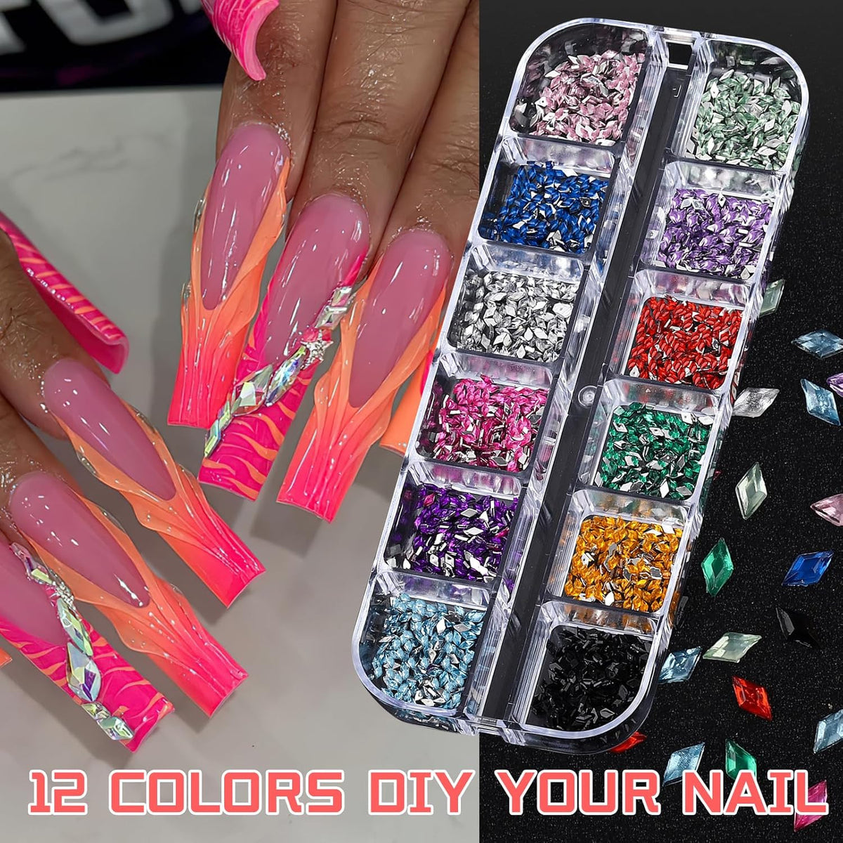 Colorful Crystal Rhinestones Nail Gems Set with Multi Shape Flat Back Charms - 2mm